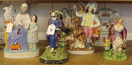 Staffordshire models, Samuel & Eli, Elijah & Ravens & Widow, a large spill vase & two clock castles (6, all a.f)